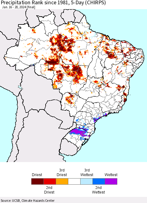 Brazil Precipitation Rank since 1981, 5-Day (CHIRPS) Thematic Map For 1/16/2024 - 1/20/2024