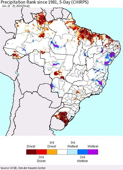 Brazil Precipitation Rank since 1981, 5-Day (CHIRPS) Thematic Map For 1/21/2024 - 1/25/2024