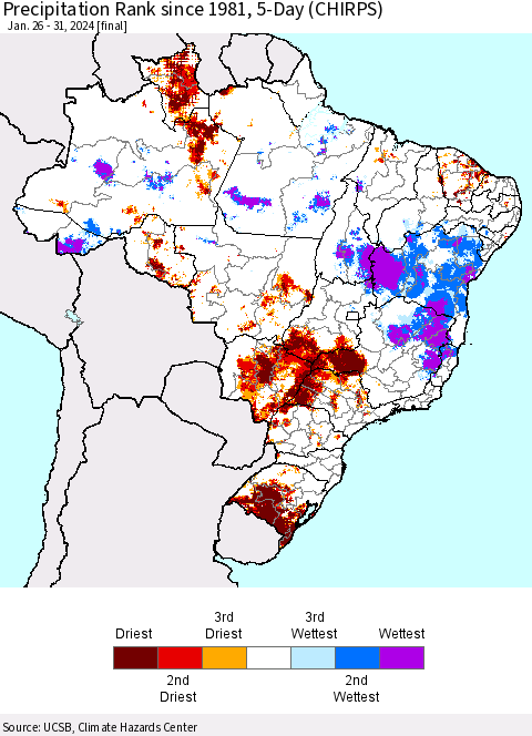 Brazil Precipitation Rank since 1981, 5-Day (CHIRPS) Thematic Map For 1/26/2024 - 1/31/2024