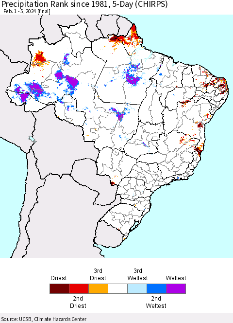 Brazil Precipitation Rank since 1981, 5-Day (CHIRPS) Thematic Map For 2/1/2024 - 2/5/2024