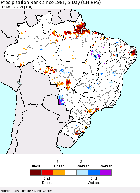 Brazil Precipitation Rank since 1981, 5-Day (CHIRPS) Thematic Map For 2/6/2024 - 2/10/2024