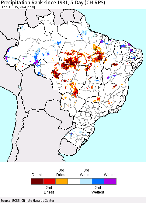 Brazil Precipitation Rank since 1981, 5-Day (CHIRPS) Thematic Map For 2/11/2024 - 2/15/2024