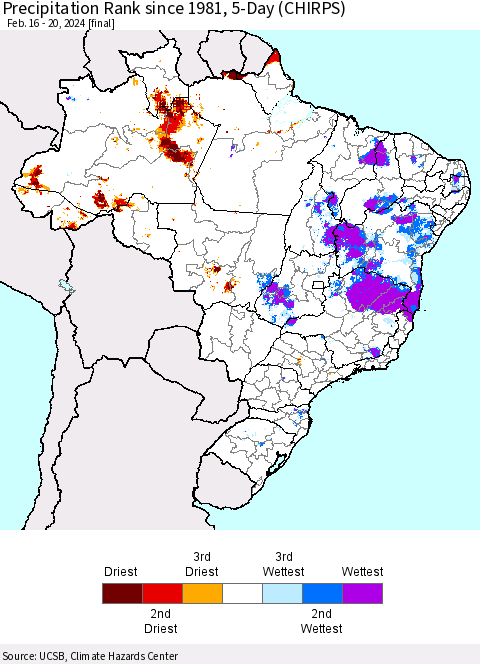 Brazil Precipitation Rank since 1981, 5-Day (CHIRPS) Thematic Map For 2/16/2024 - 2/20/2024