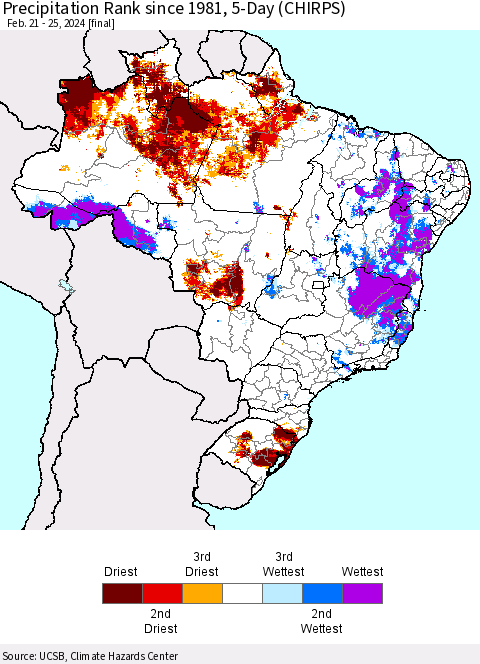 Brazil Precipitation Rank since 1981, 5-Day (CHIRPS) Thematic Map For 2/21/2024 - 2/25/2024