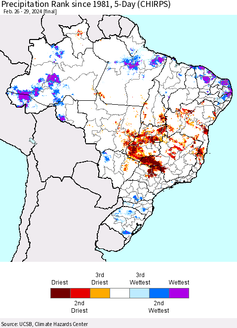 Brazil Precipitation Rank since 1981, 5-Day (CHIRPS) Thematic Map For 2/26/2024 - 2/29/2024