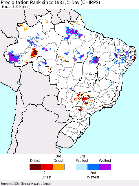 Brazil Precipitation Rank since 1981, 5-Day (CHIRPS) Thematic Map For 3/1/2024 - 3/5/2024