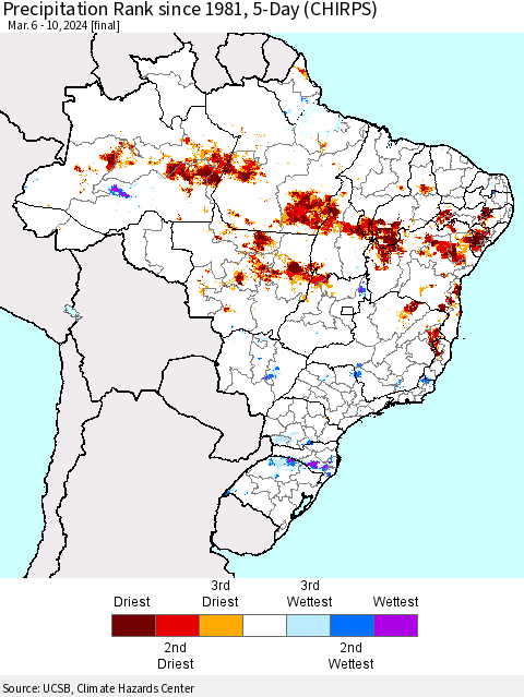 Brazil Precipitation Rank since 1981, 5-Day (CHIRPS) Thematic Map For 3/6/2024 - 3/10/2024