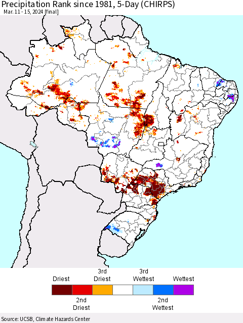 Brazil Precipitation Rank since 1981, 5-Day (CHIRPS) Thematic Map For 3/11/2024 - 3/15/2024