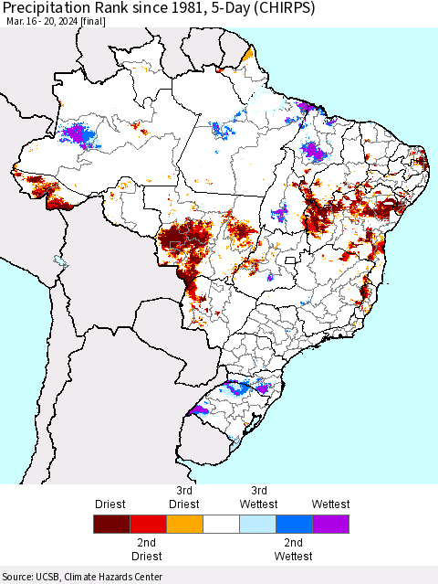 Brazil Precipitation Rank since 1981, 5-Day (CHIRPS) Thematic Map For 3/16/2024 - 3/20/2024