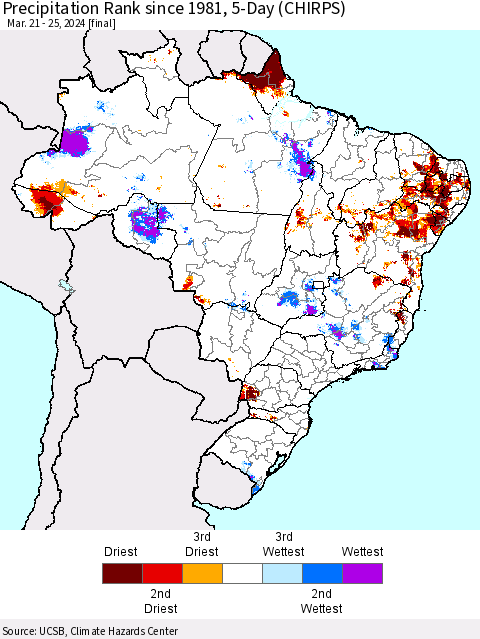 Brazil Precipitation Rank since 1981, 5-Day (CHIRPS) Thematic Map For 3/21/2024 - 3/25/2024