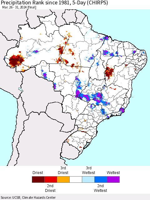 Brazil Precipitation Rank since 1981, 5-Day (CHIRPS) Thematic Map For 3/26/2024 - 3/31/2024