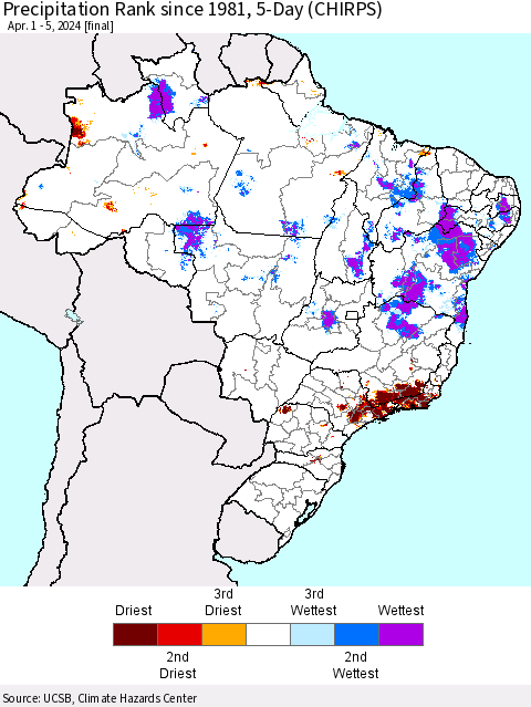 Brazil Precipitation Rank since 1981, 5-Day (CHIRPS) Thematic Map For 4/1/2024 - 4/5/2024