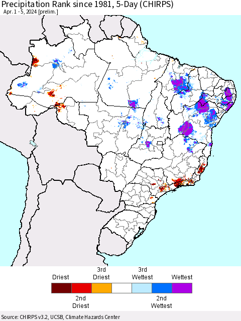 Brazil Precipitation Rank since 1981, 5-Day (CHIRPS) Thematic Map For 4/1/2024 - 4/5/2024