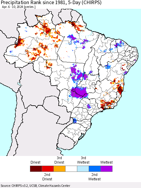 Brazil Precipitation Rank since 1981, 5-Day (CHIRPS) Thematic Map For 4/6/2024 - 4/10/2024