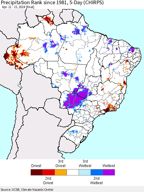 Brazil Precipitation Rank since 1981, 5-Day (CHIRPS) Thematic Map For 4/11/2024 - 4/15/2024