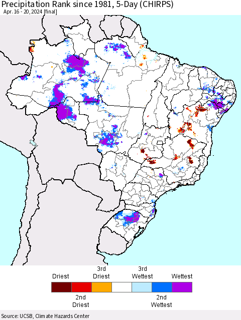 Brazil Precipitation Rank since 1981, 5-Day (CHIRPS) Thematic Map For 4/16/2024 - 4/20/2024