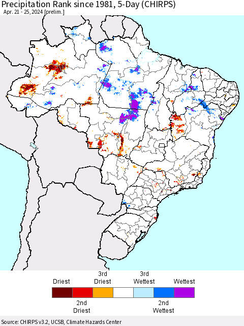 Brazil Precipitation Rank since 1981, 5-Day (CHIRPS) Thematic Map For 4/21/2024 - 4/25/2024