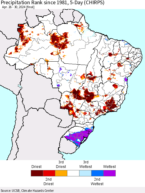 Brazil Precipitation Rank since 1981, 5-Day (CHIRPS) Thematic Map For 4/26/2024 - 4/30/2024