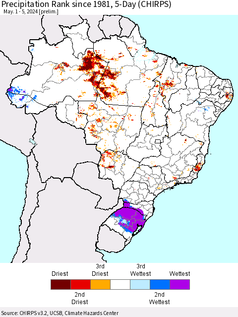 Brazil Precipitation Rank since 1981, 5-Day (CHIRPS) Thematic Map For 5/1/2024 - 5/5/2024
