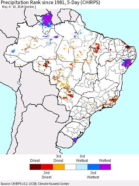 Brazil Precipitation Rank since 1981, 5-Day (CHIRPS) Thematic Map For 5/6/2024 - 5/10/2024