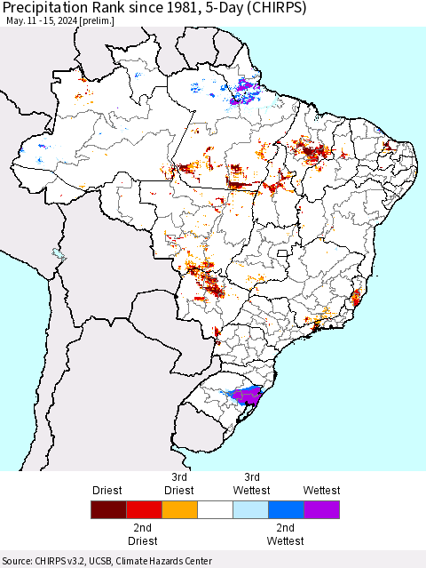 Brazil Precipitation Rank since 1981, 5-Day (CHIRPS) Thematic Map For 5/11/2024 - 5/15/2024