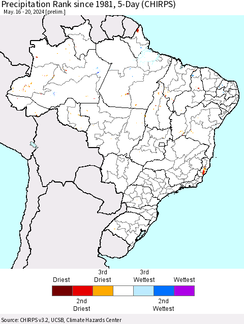 Brazil Precipitation Rank since 1981, 5-Day (CHIRPS) Thematic Map For 5/16/2024 - 5/20/2024