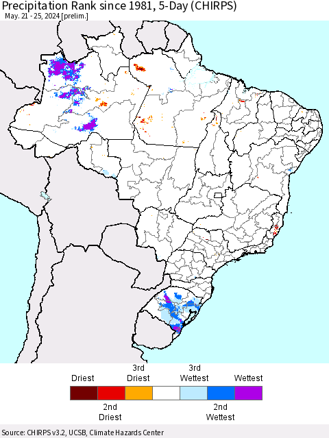 Brazil Precipitation Rank since 1981, 5-Day (CHIRPS) Thematic Map For 5/21/2024 - 5/25/2024