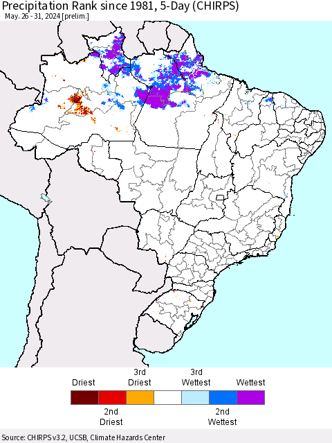 Brazil Precipitation Rank since 1981, 5-Day (CHIRPS) Thematic Map For 5/26/2024 - 5/31/2024