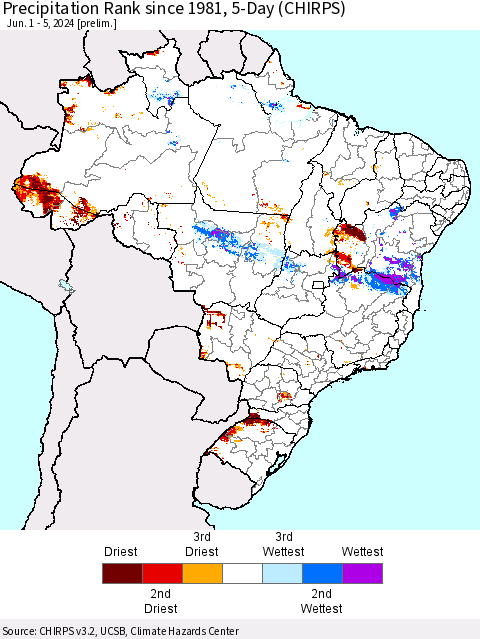 Brazil Precipitation Rank since 1981, 5-Day (CHIRPS) Thematic Map For 6/1/2024 - 6/5/2024