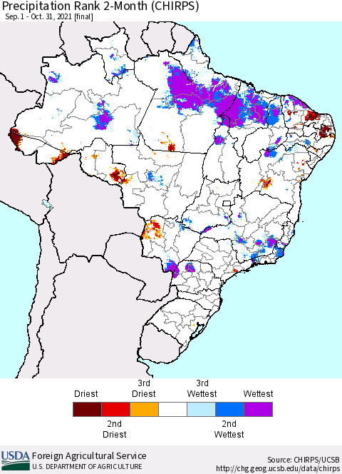 Brazil Precipitation Rank since 1981, 2-Month (CHIRPS) Thematic Map For 9/1/2021 - 10/31/2021