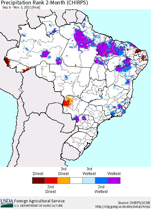 Brazil Precipitation Rank since 1981, 2-Month (CHIRPS) Thematic Map For 9/6/2021 - 11/5/2021