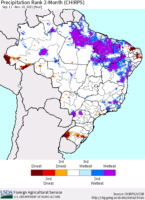 Brazil Precipitation Rank since 1981, 2-Month (CHIRPS) Thematic Map For 9/11/2021 - 11/10/2021
