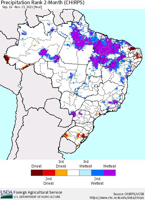 Brazil Precipitation Rank since 1981, 2-Month (CHIRPS) Thematic Map For 9/16/2021 - 11/15/2021