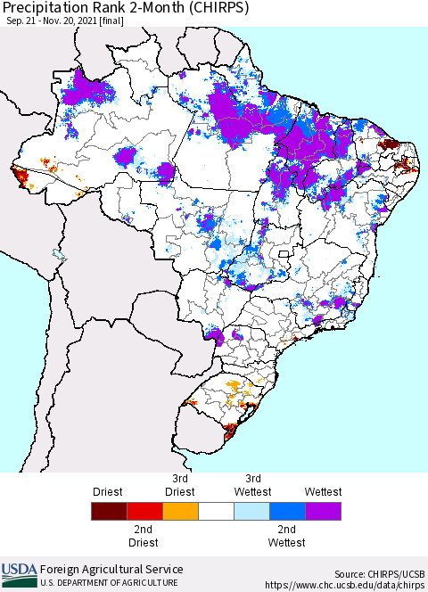 Brazil Precipitation Rank since 1981, 2-Month (CHIRPS) Thematic Map For 9/21/2021 - 11/20/2021