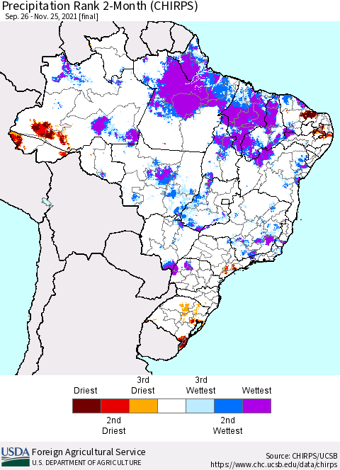Brazil Precipitation Rank since 1981, 2-Month (CHIRPS) Thematic Map For 9/26/2021 - 11/25/2021