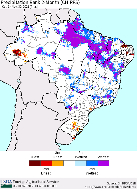 Brazil Precipitation Rank since 1981, 2-Month (CHIRPS) Thematic Map For 10/1/2021 - 11/30/2021