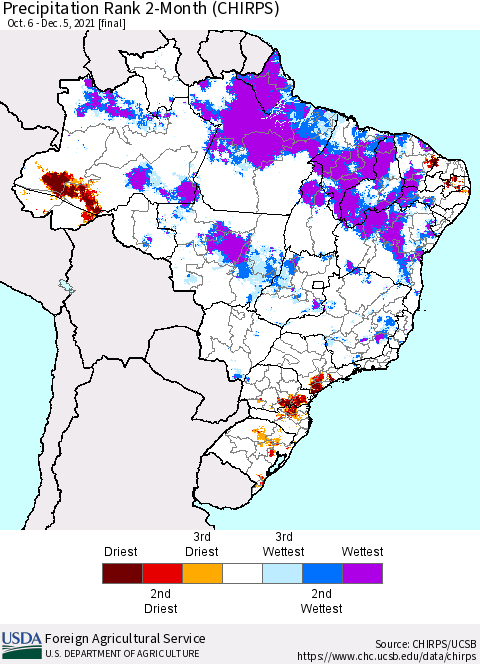 Brazil Precipitation Rank since 1981, 2-Month (CHIRPS) Thematic Map For 10/6/2021 - 12/5/2021