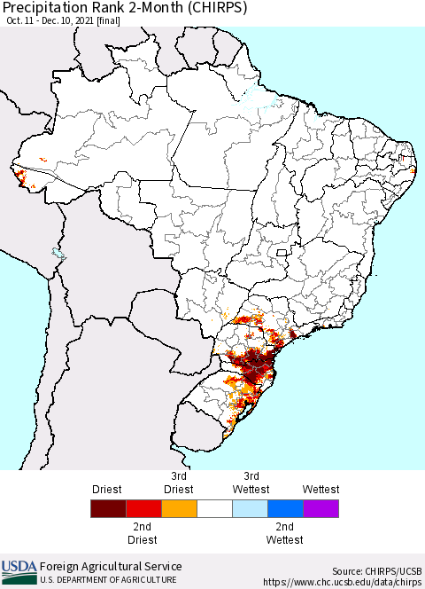Brazil Precipitation Rank since 1981, 2-Month (CHIRPS) Thematic Map For 10/11/2021 - 12/10/2021