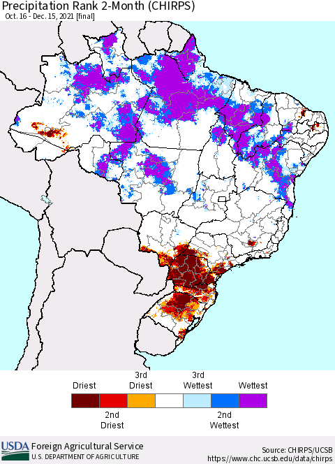 Brazil Precipitation Rank since 1981, 2-Month (CHIRPS) Thematic Map For 10/16/2021 - 12/15/2021