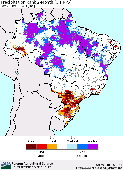 Brazil Precipitation Rank since 1981, 2-Month (CHIRPS) Thematic Map For 10/21/2021 - 12/20/2021