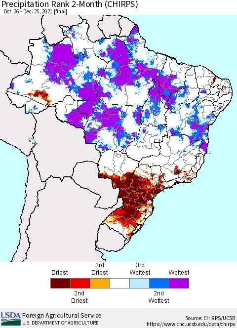 Brazil Precipitation Rank since 1981, 2-Month (CHIRPS) Thematic Map For 10/26/2021 - 12/25/2021