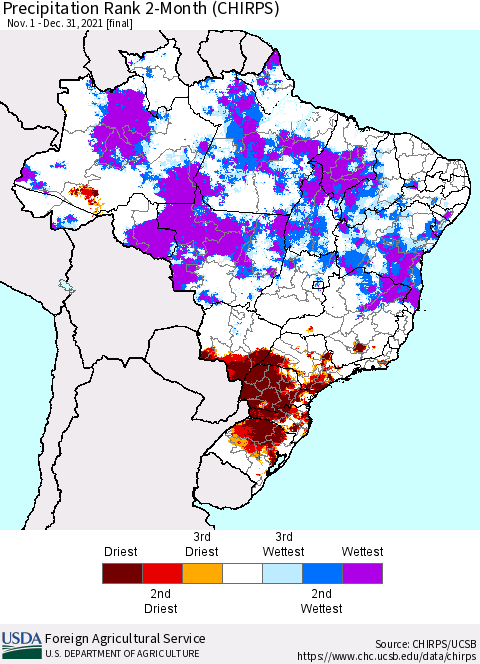 Brazil Precipitation Rank since 1981, 2-Month (CHIRPS) Thematic Map For 11/1/2021 - 12/31/2021