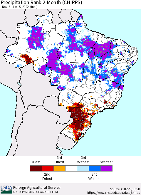 Brazil Precipitation Rank since 1981, 2-Month (CHIRPS) Thematic Map For 11/6/2021 - 1/5/2022