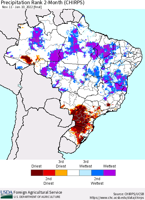 Brazil Precipitation Rank since 1981, 2-Month (CHIRPS) Thematic Map For 11/11/2021 - 1/10/2022