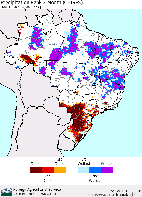 Brazil Precipitation Rank since 1981, 2-Month (CHIRPS) Thematic Map For 11/16/2021 - 1/15/2022