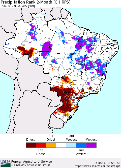 Brazil Precipitation Rank since 1981, 2-Month (CHIRPS) Thematic Map For 11/26/2021 - 1/25/2022