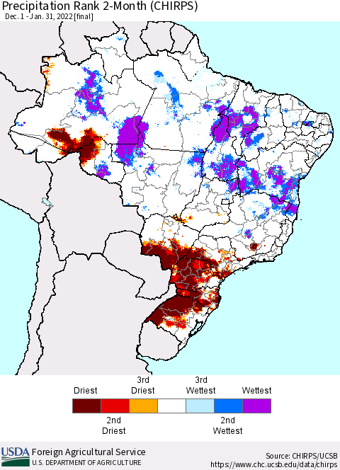 Brazil Precipitation Rank since 1981, 2-Month (CHIRPS) Thematic Map For 12/1/2021 - 1/31/2022