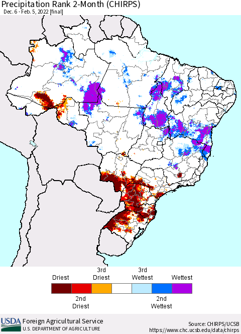Brazil Precipitation Rank since 1981, 2-Month (CHIRPS) Thematic Map For 12/6/2021 - 2/5/2022