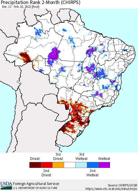 Brazil Precipitation Rank since 1981, 2-Month (CHIRPS) Thematic Map For 12/11/2021 - 2/10/2022