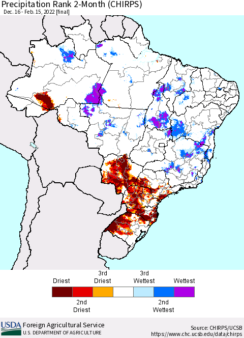 Brazil Precipitation Rank since 1981, 2-Month (CHIRPS) Thematic Map For 12/16/2021 - 2/15/2022